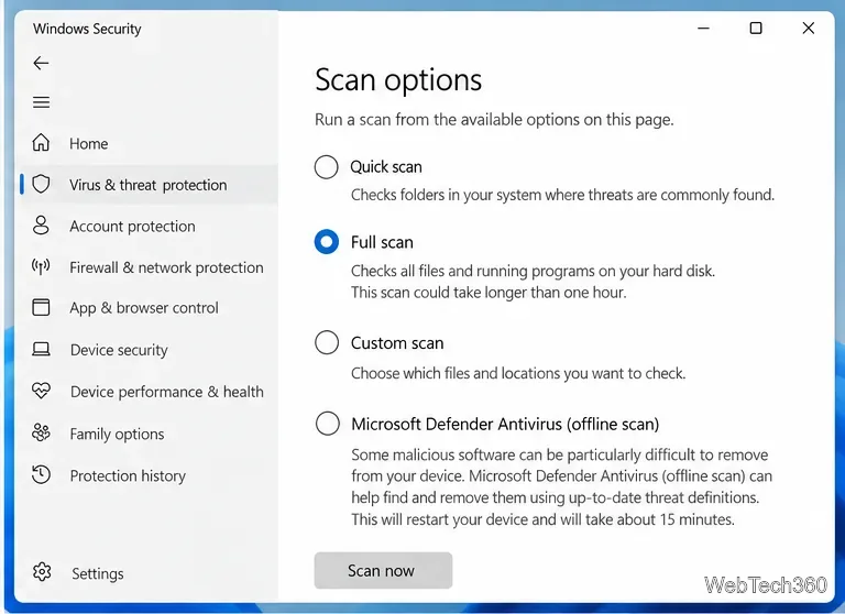Страница параметров сканирования безопасности Windows с возможностью быстрого сканирования, полного сканирования, выборочного сканирования и автономного сканирования антивирусом Microsoft Defender.