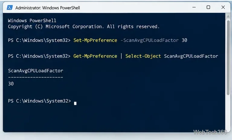 Администратор PowerShell отображает значение Set-MpPreference ScanAvgCPULoadFactor 30, и значение параметра подтверждено как 30.