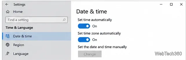 Windows 10 Date and time settings with automatic time and time zone enabled
