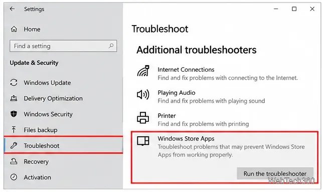 Windows 10 Additional troubleshooters page with Windows Store Apps selected