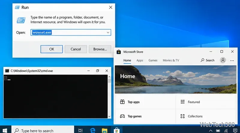 Windows 10 Run dialog with wsreset.exe entered, alongside Command Prompt and Microsoft Store