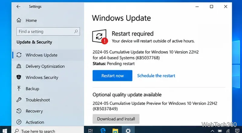 Windows 10 Windows Update settings page showing a restart required message