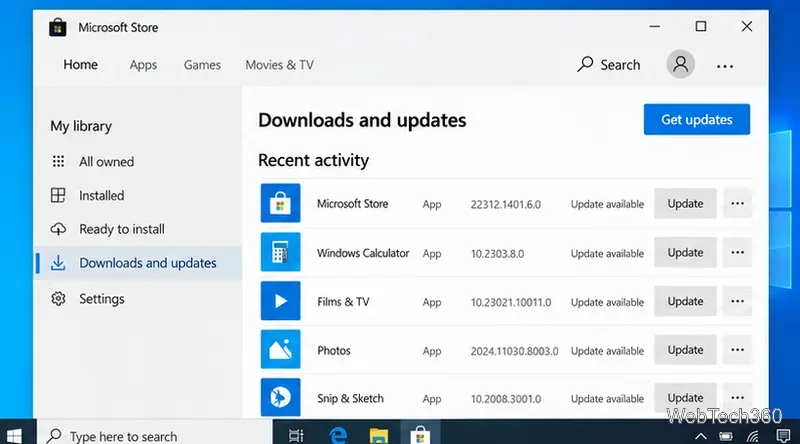 Microsoft Store Downloads and updates page on Windows 10 with the Get updates button