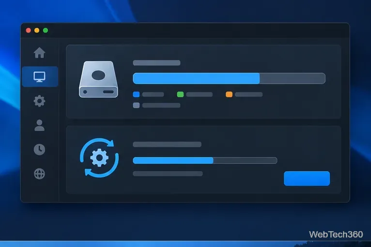 ストレージ容量メーターとソフトウェアアップデートパネルを備えたシステム設定ウィンドウ。
