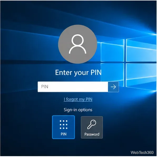 Schermata di accesso con PIN di Windows 10, con il link "Ho dimenticato il PIN" sotto il campo del PIN.