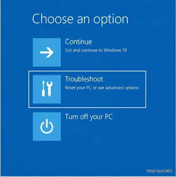 Ambiente di ripristino di Windows. Selezionare una schermata con l'opzione Risoluzione dei problemi selezionata.