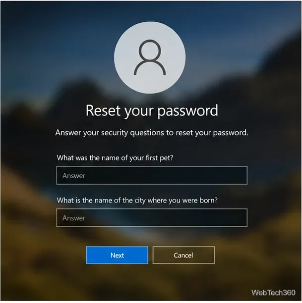 Schermata di reimpostazione della password dell'account locale di Windows 10 con domande di sicurezza.