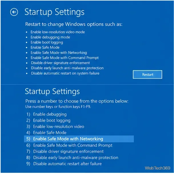 Schermata delle impostazioni di avvio di Windows 10 con l'opzione 5, Modalità sicura con rete, evidenziata.
