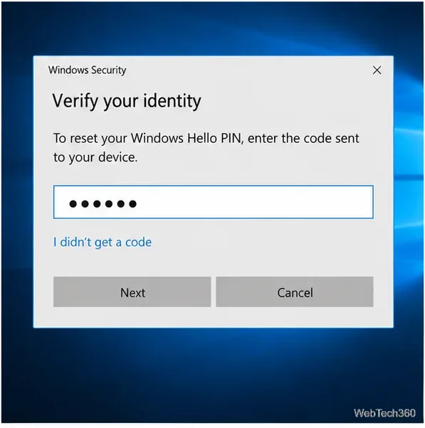 Finestra di dialogo di verifica dell'identità di sicurezza di Windows per reimpostare il PIN di Windows Hello.