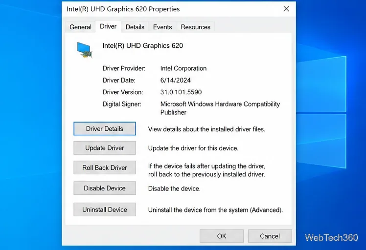 نافذة خصائص برنامج تشغيل بطاقة الرسومات Intel UHD مع إصدار برنامج التشغيل وزر استعادة برنامج التشغيل السابق