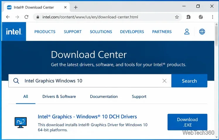 يعرض مركز تنزيل Intel نتائج البحث عن برنامج تشغيل بطاقة رسومات Intel وتنزيل Windows 10