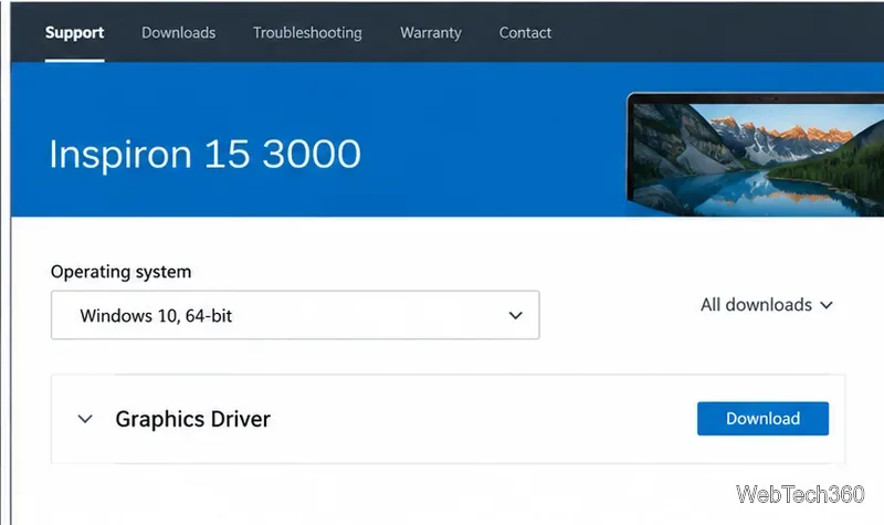 صفحة دعم الشركة المصنعة للكمبيوتر مع تحديد نظام التشغيل Windows 10 64 بت وخيار تنزيل برنامج تشغيل الرسومات
