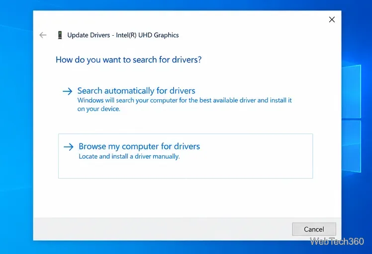 مربع حوار تحديث برامج التشغيل في نظام التشغيل Windows 10 الذي يوفر البحث التلقائي أو استعراض جهاز الكمبيوتر الخاص بي بحثًا عن برامج التشغيل