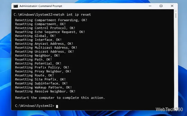 Invite de commandes administrateur affichant la commande netsh int ip reset et des exemples de lignes d'état de réinitialisation TCP/IP