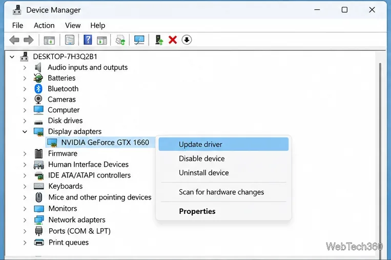 โปรแกรมจัดการอุปกรณ์ของ Windows พร้อมตัวเลือกอัปเดตไดรเวอร์และถอนการติดตั้งอุปกรณ์สำหรับอะแดปเตอร์แสดงผล