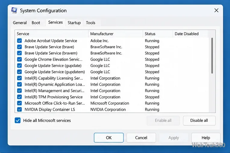 แท็บบริการการกำหนดค่าระบบ โดยเลือก "ซ่อนบริการของ Microsoft ทั้งหมด"