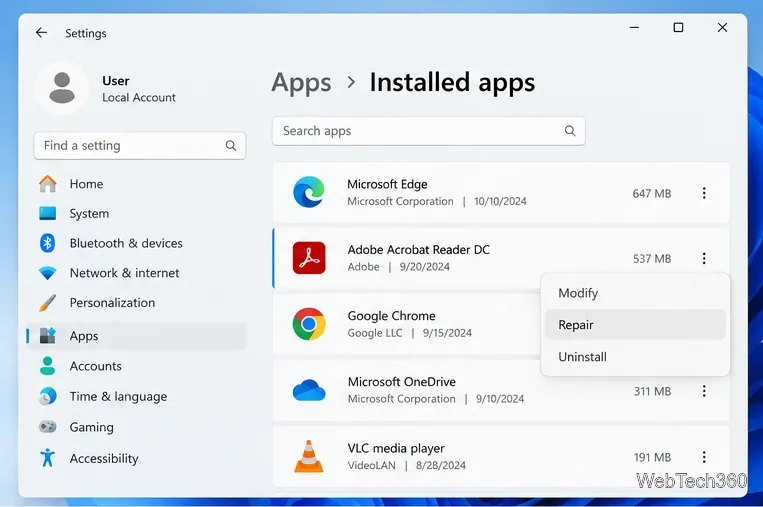 หน้าแอปพลิเคชันที่ติดตั้งใน Windows พร้อมปุ่มซ่อมแซมและแก้ไขแอปพลิเคชัน