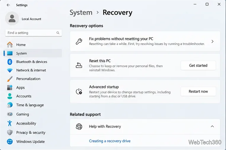 หน้าการตั้งค่า Windows: การกู้คืนระบบ พร้อมตัวเลือก "รีเซ็ตพีซีเครื่องนี้" และ "การเริ่มต้นระบบขั้นสูง"
