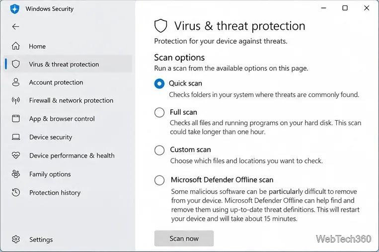 ตัวเลือกการสแกนป้องกันไวรัสและภัยคุกคามของ Windows Security รวมถึงการสแกนแบบเต็มรูปแบบอย่างรวดเร็วและการสแกนแบบออฟไลน์