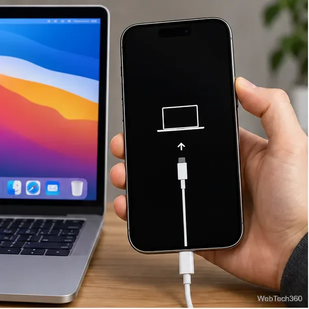 На iPhone, подключенном кабелем к Mac, отображается символ восстановления через компьютер и кабель.