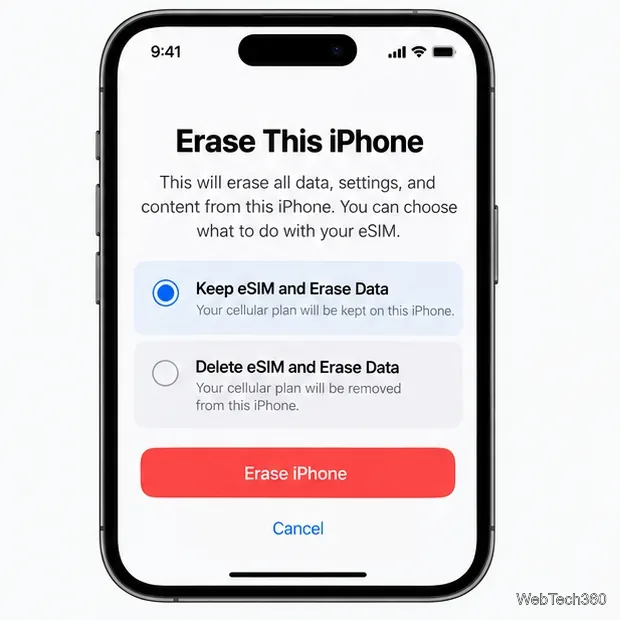 На экране «Стереть этот iPhone» отображаются варианты сохранения или удаления eSIM-карты.