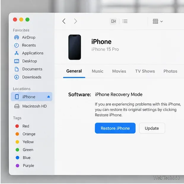Окно Finder, в котором в разделе «Местоположения» выбран iPhone, и нажата кнопка «Восстановить iPhone».