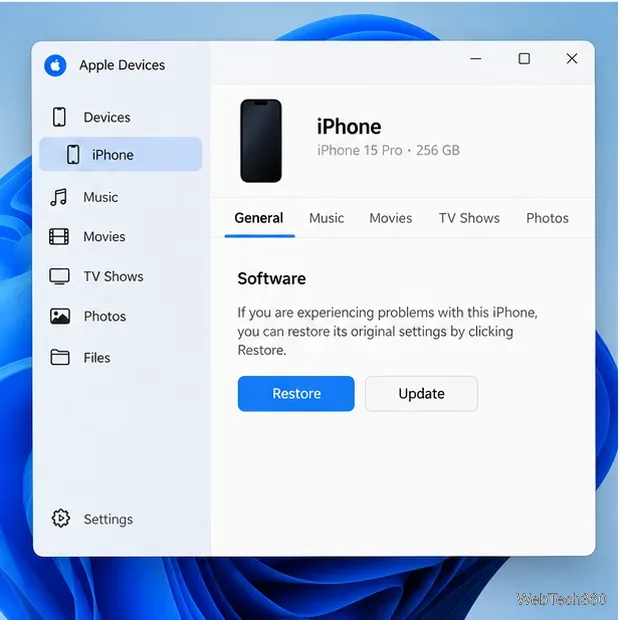 Приложение «Устройства Apple» в Windows с выбранным iPhone и видимым действием «Восстановить».