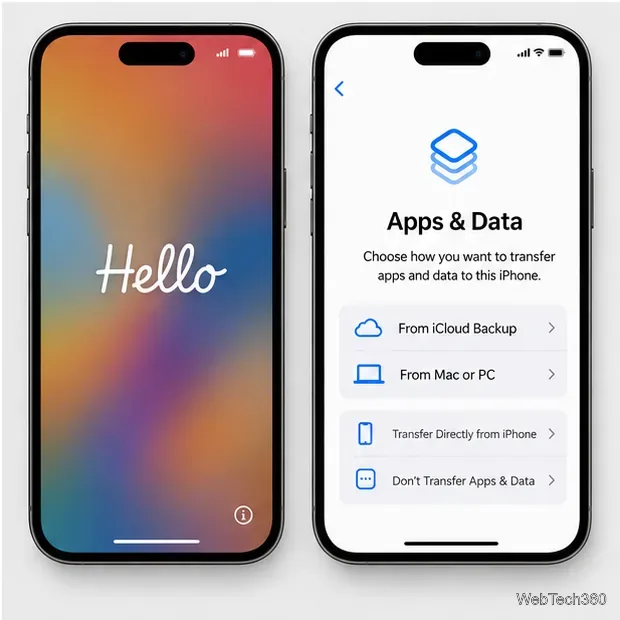Экран iPhone Hello расположен рядом с экраном настройки приложений и данных, где отображаются варианты резервного копирования в iCloud и на компьютер.
