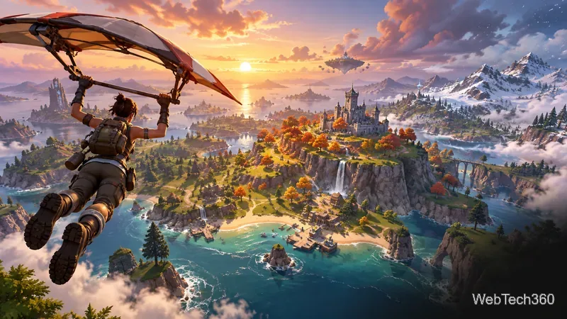 A player glides toward a fictional island with autumn trees, a coastal settlement, and a distant floating landform