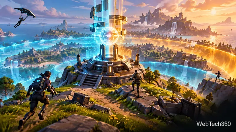 A glowing control console sends blue and amber energy across a stylized battle royale island