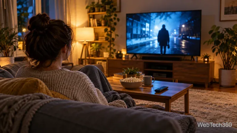 リビングルームのテレビで映画を観ている視聴者。リモコンはコーヒーテーブルの上に置かれている。