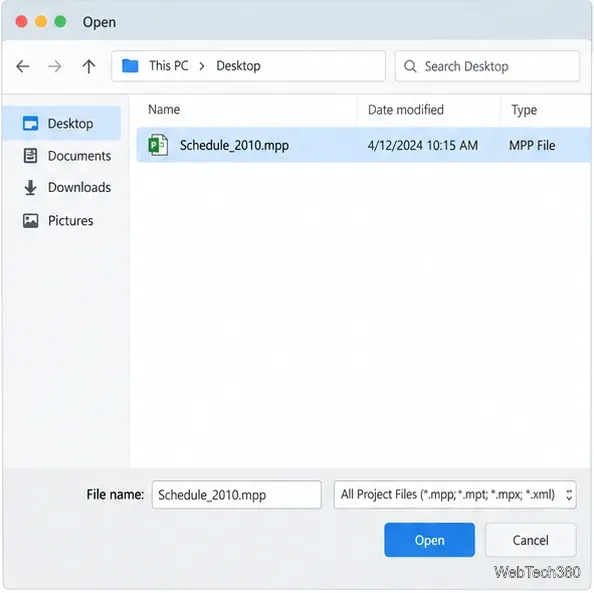 File picker with Schedule_2010.mpp selected and ready to open