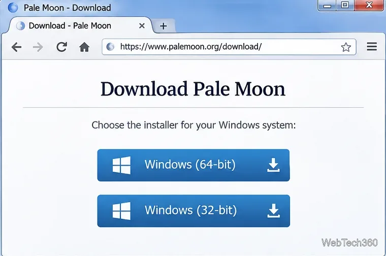 Vizualizare selecție descărcare care afișează opțiuni separate de instalare Pale Moon pentru Windows pe 64 de biți și Windows pe 32 de biți