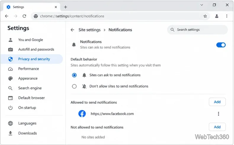 Chrome 網站設定中的「通知」頁面顯示 facebook.com 已列入允許的網站清單。