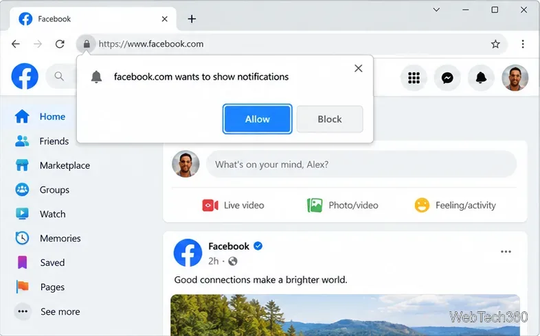 facebook.com 上的瀏覽器權限提示,帶有「允許」和「封鎖」按鈕,「允許」按鈕已高亮顯示。