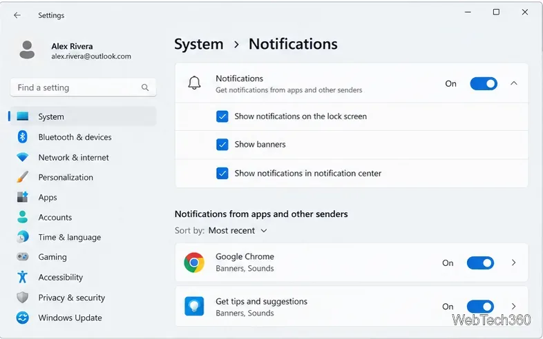 Windows 11 系統通知設置,已啟用全域通知、橫幅、通知中心和 Google Chrome。