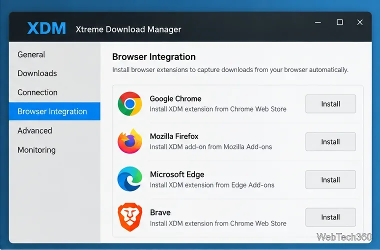 Configuración de integración del navegador Xtreme Download Manager que muestra Chrome, Firefox Edge y Brave.