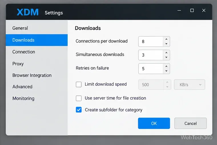 Configuración de descargas de XDM con conexiones por descarga, reintentos de descargas simultáneas y límite de velocidad.