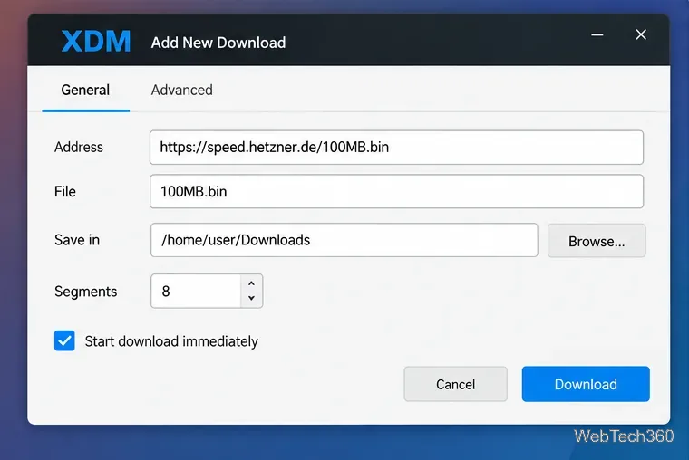 Ventana XDM Agregar nueva descarga con carpeta de guardado de direcciones y ocho segmentos de descarga.