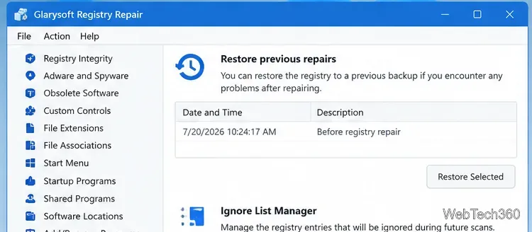 Glarysoft Registry Repair window showing Restore previous repairs and the Ignore List Manager