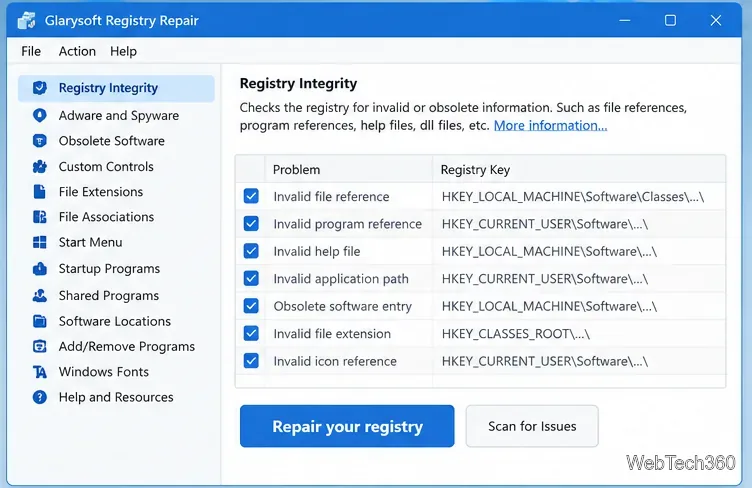 Glarysoft Registry Repair results view with selected registry entries and the Repair your registry button