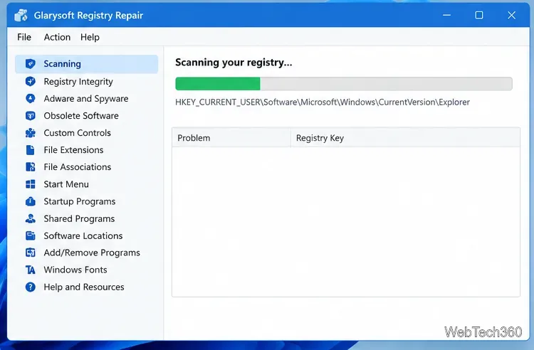Glarysoft Registry Repair scan window with registry categories on the left and a scan progress bar