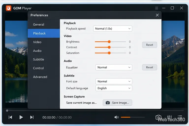Finestra delle preferenze di GOM Player con impostazioni di riproduzione, video, audio, sottotitoli e acquisizione schermo.