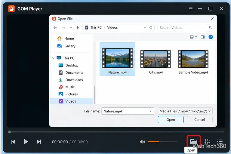 Finestra di GOM Player con finestra di dialogo Apri file per la selezione di un video MP4