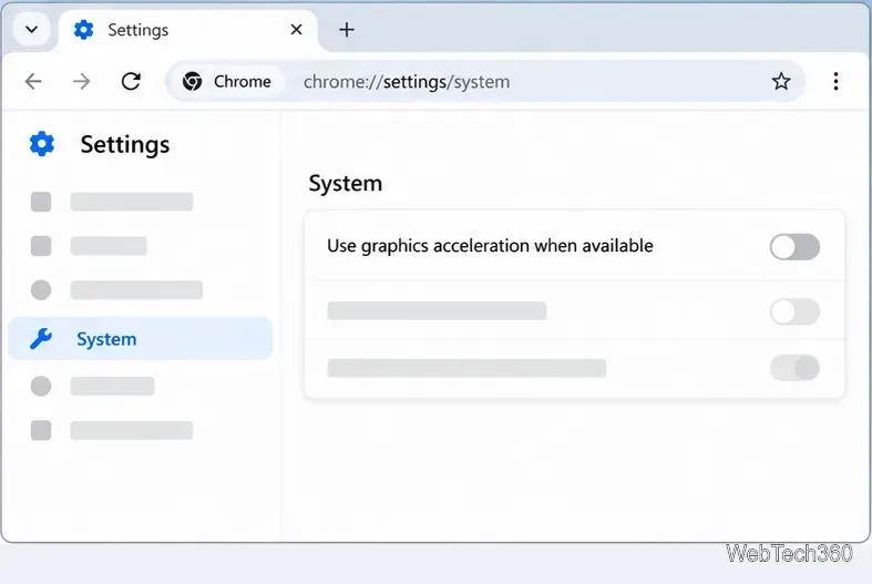 صفحة إعدادات نظام Chrome مع إيقاف تشغيل تسريع الرسومات
