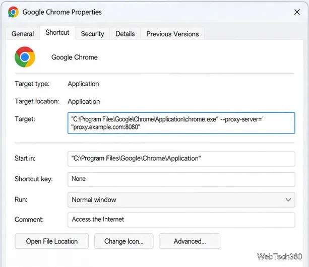 Proprietăți ale comenzii rapide Google Chrome cu un argument personalizat --proxy-server adăugat după calea chrome.exe între ghilimele.
