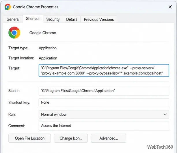 Proprietăți ale comenzii rapide Google Chrome care afișează un indicator de server proxy urmat de o listă de ocoliri proxy separate prin punct și virgulă.