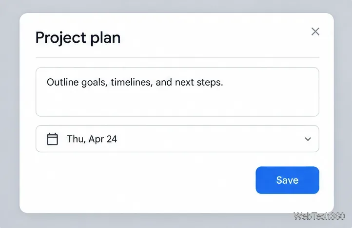 Un editor Google Tasks pentru planul de proiect cu o descriere, o dată scadentă și un buton Salvare.