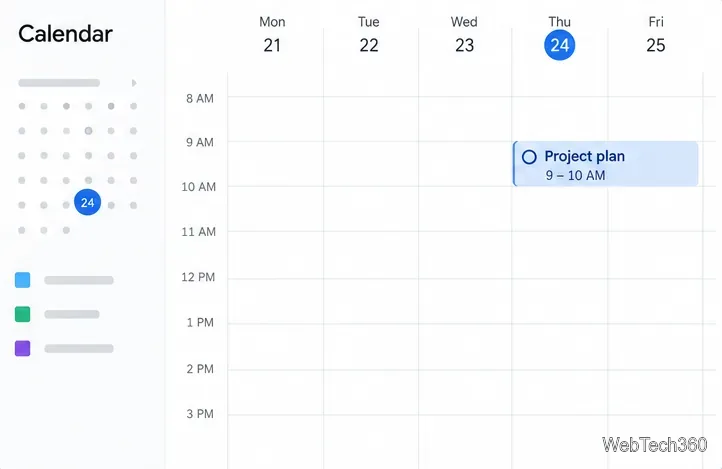 O vizualizare a săptămânii calendaristice care afișează activitatea din planul de proiect datată, joi, între orele 9:00 și 10:00.