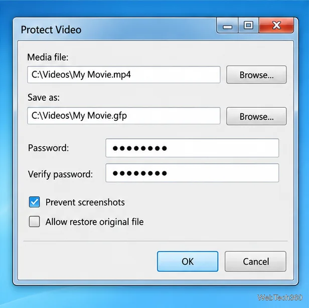 Diálogo ilustrativo do Protect Video mostrando uma senha confirmada e opções de captura de tela e restauração de configurações.